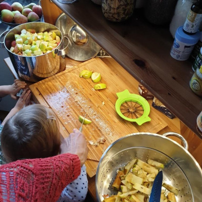 Wir schneiden gesammelte Äpfel